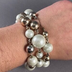 Talbots Chunky Pearl Beaded Multi Strand Charm Bracelet Silver Tone Toggle Clasp